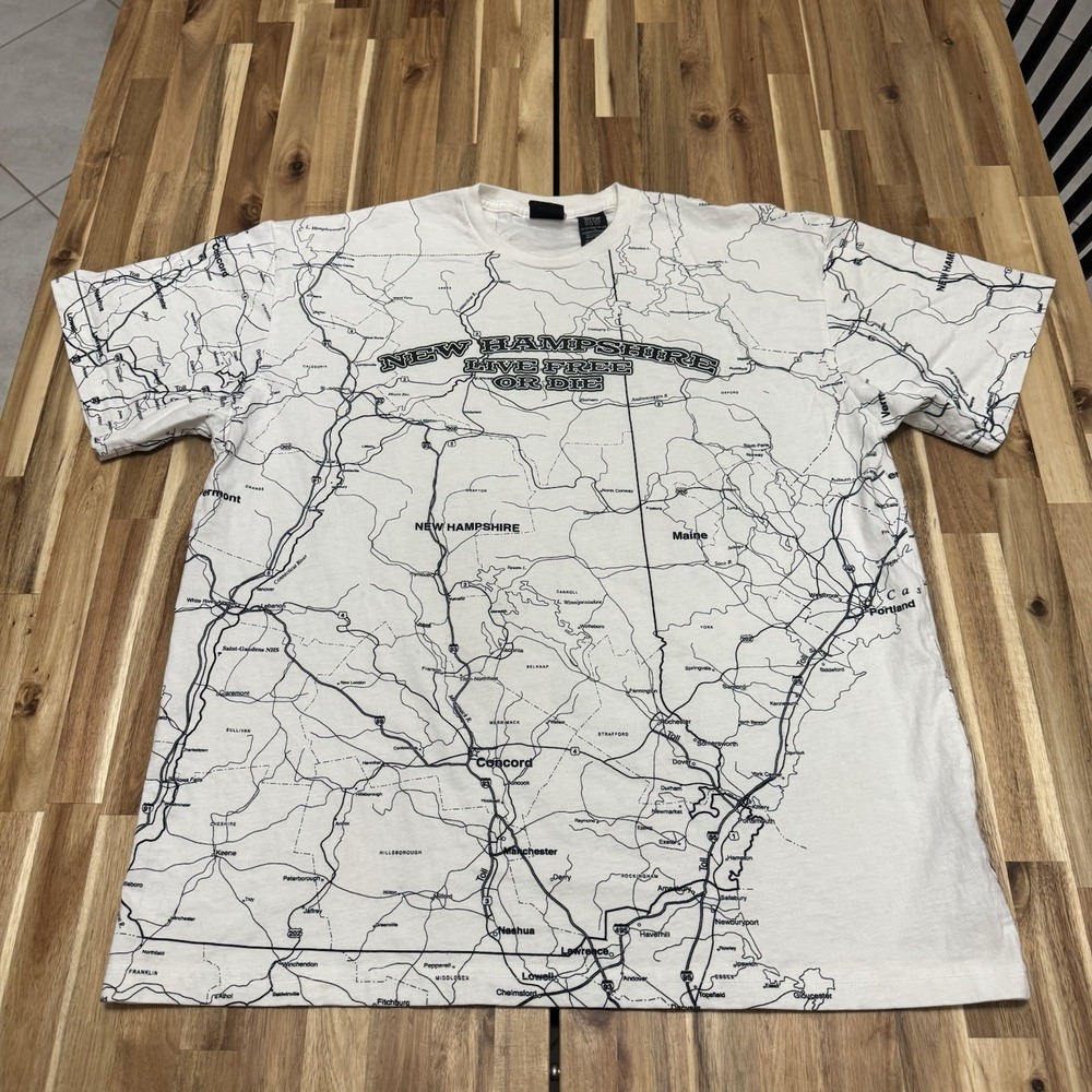 Vintage State Of Mine Shirt Mens L White New Hampshire All Over Print Map USA 90